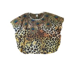 Stargazer Peacock Feather Leopard Print Mesh Knit Top Women's OS Slouchy Shrug